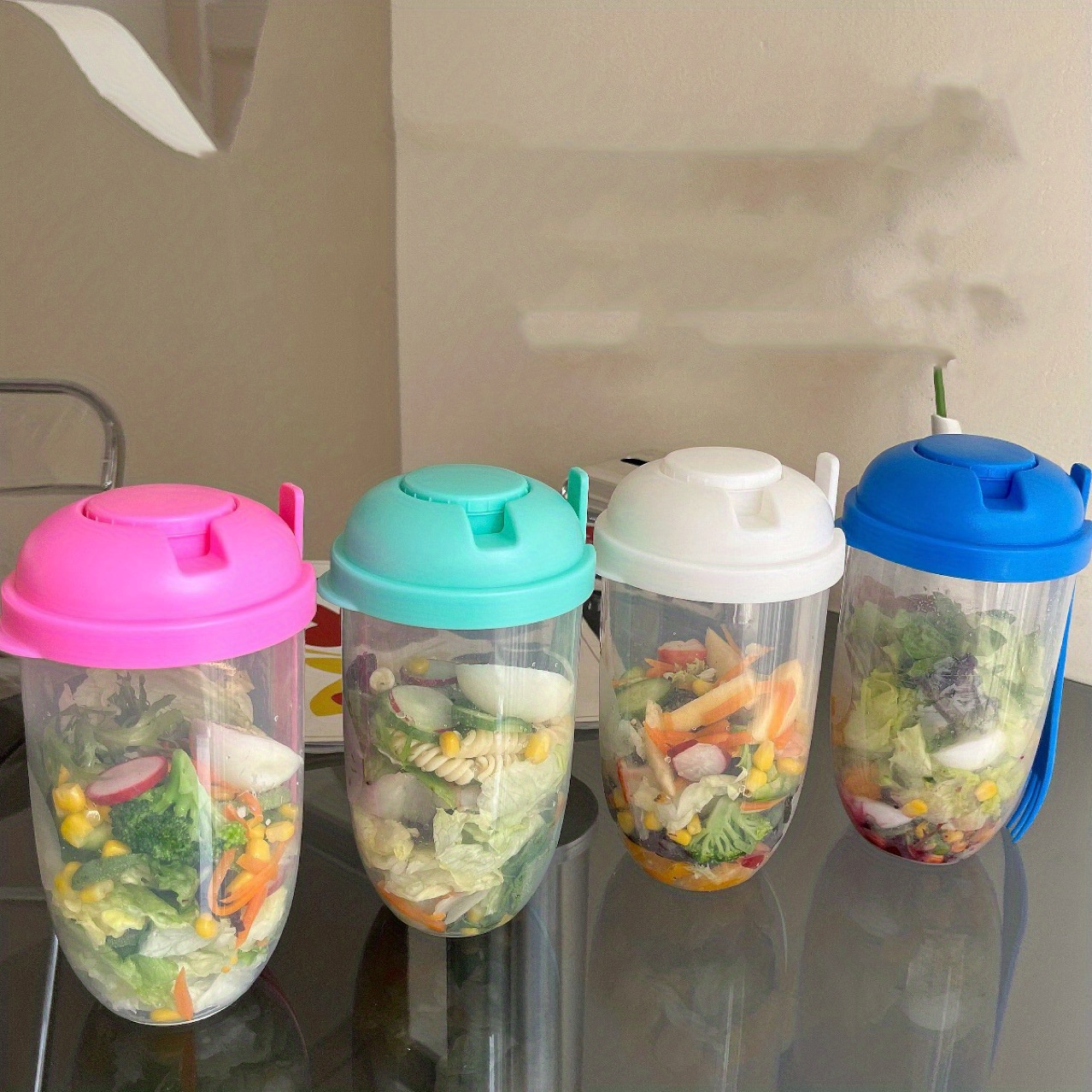 1pc, Salad Cup, Salad Meal Shaker Cup, Plastic Healthy Salad Container  Fork, Salad Dressing Holder, Salad Cup For Picnic Lunch Breakfast, Kitchen  Stuff, Kitchen Gadgets, Back To School Supplies 1000ml/33.8oz,Portable Salad  Cup