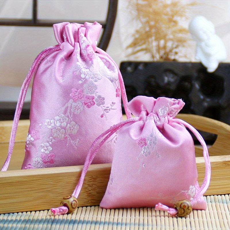 Satin Embroidered Gift Bag Drawstring Silk Storage Pouch For