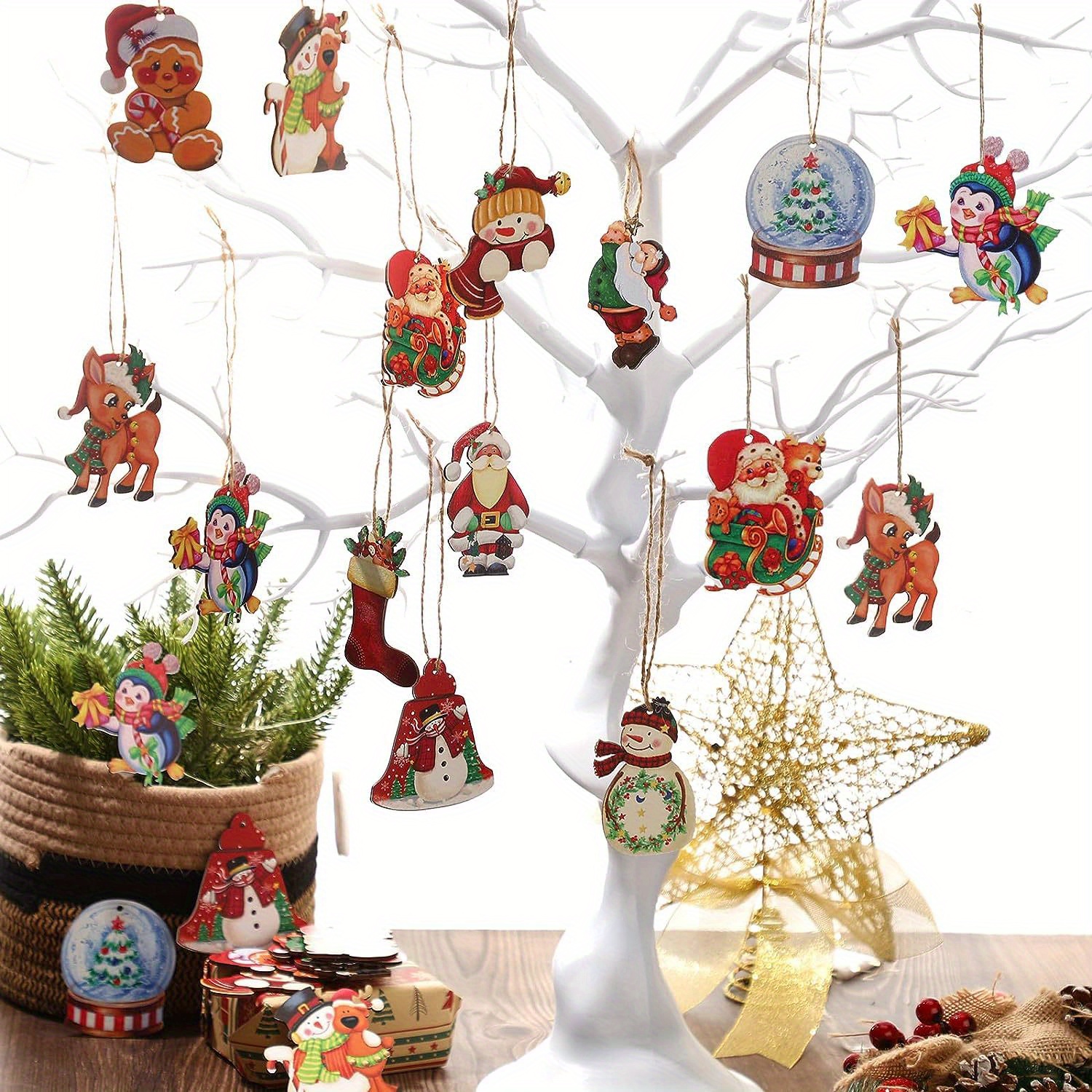 24pcs christmas wooden ornaments christmas wood decor farmhouse style hanging wooden ornaments christmas tree vintage santa snowman ornaments christmas hanging crafts pendants for home party details 3