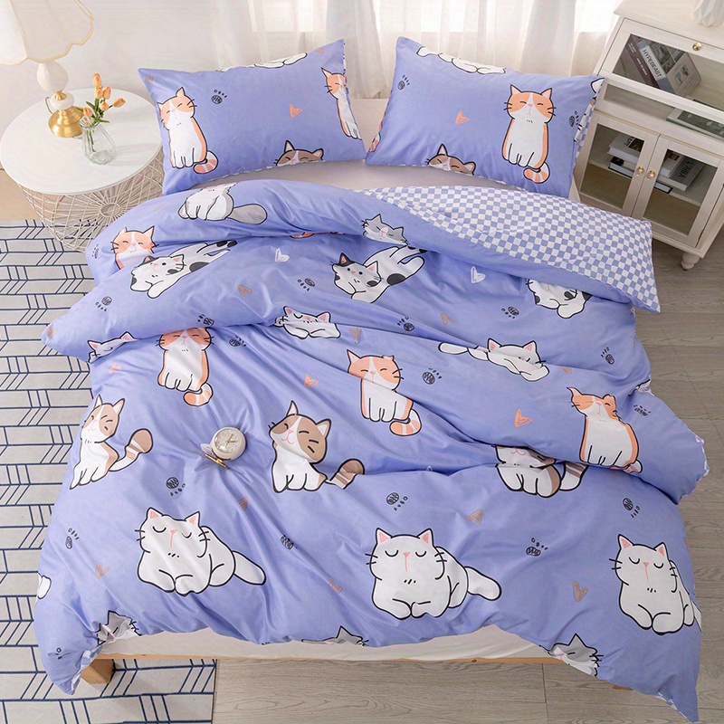 ClearloveWL Duvet Cover Set, Home Textile Cyan Cute Cat Kitty