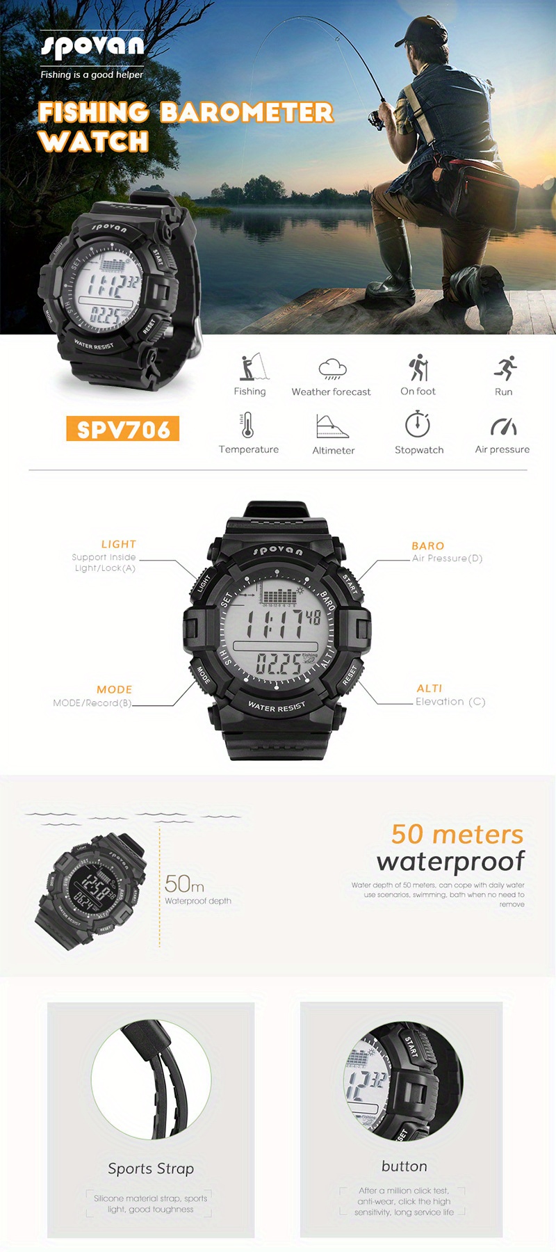 Spovan Digital Fishing Watch With Altimeter Barometer And Thermeter - Temu  United Arab Emirates