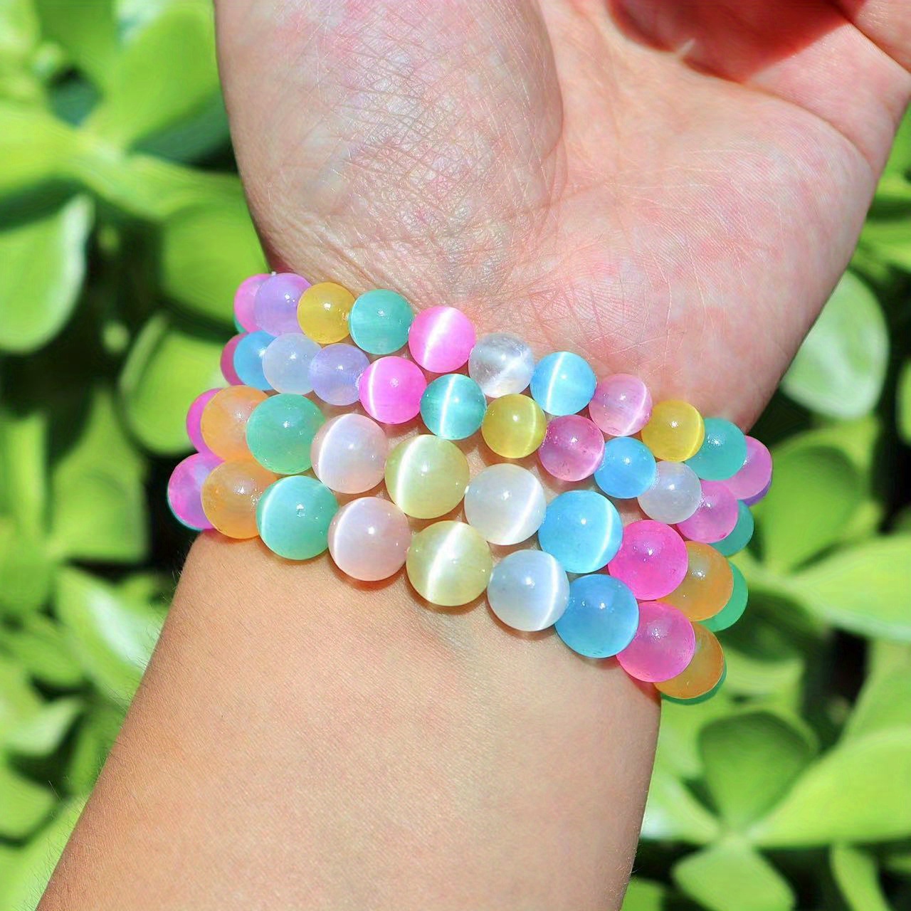 1pc 8MM/10MM Aura Selenite Crystal Bracelet - Natural Cat Eye Stone Quartz  Colorful Beads For DIY Necklace Pendants