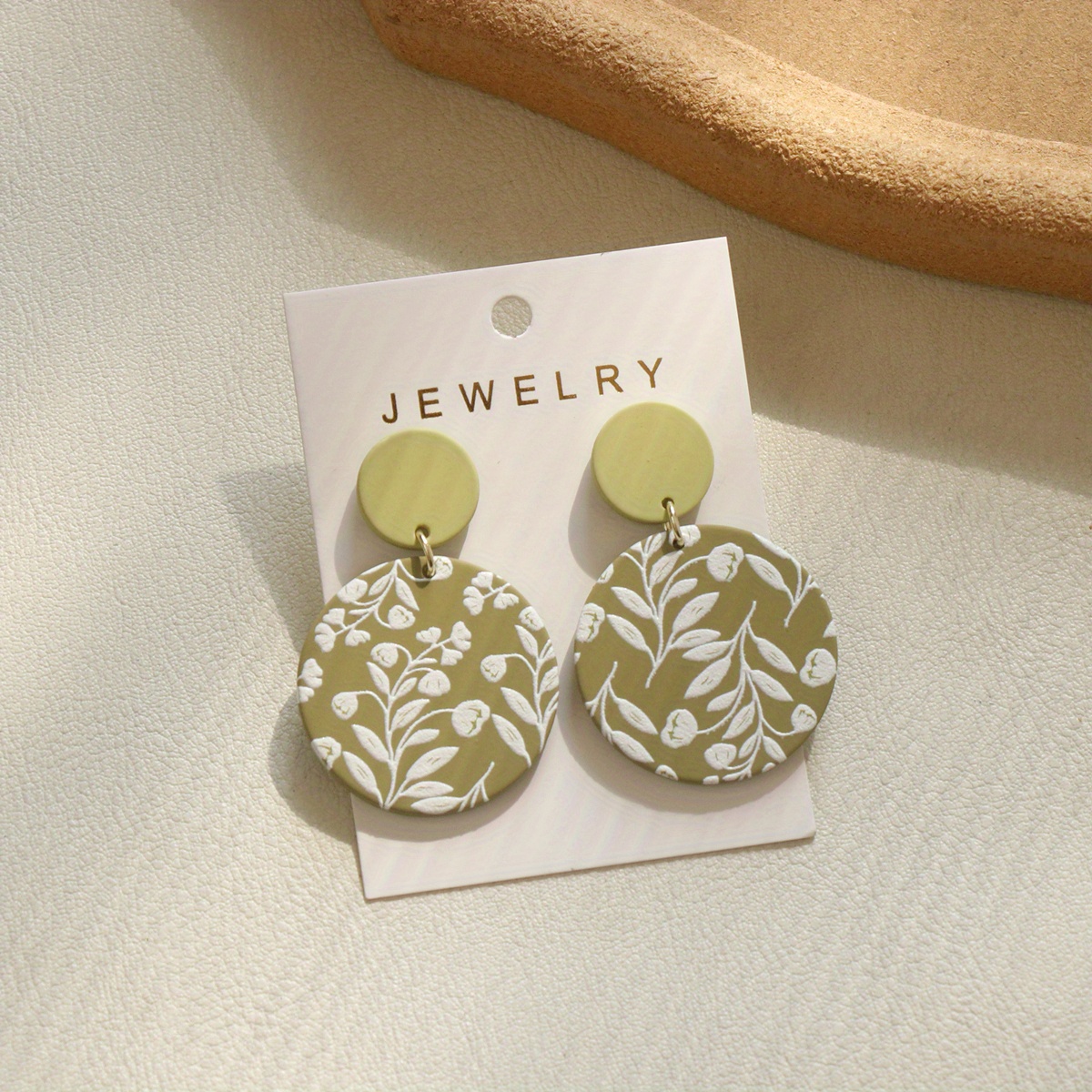 Green Round Shape White Twig Pattern Dangle Earrings Bohemian Elegant Style Polymer Clay Texture Trendy Female Gift