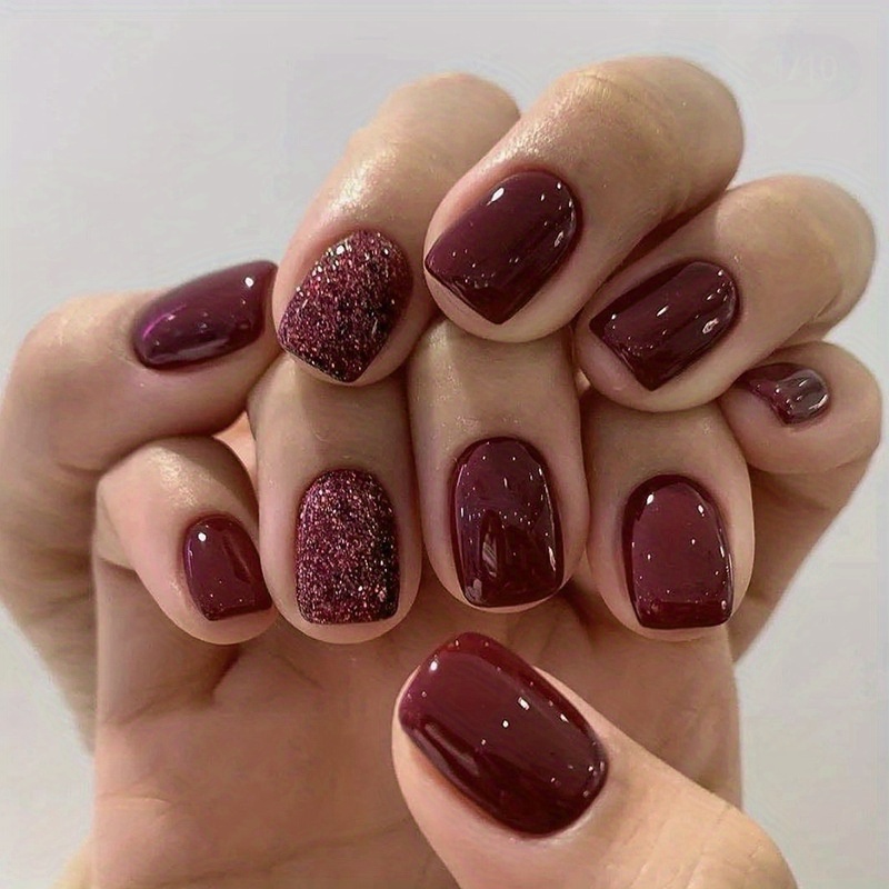 Extra Short Press on Nails Square Wine Red Fake Nails Petite Solid Color 9
