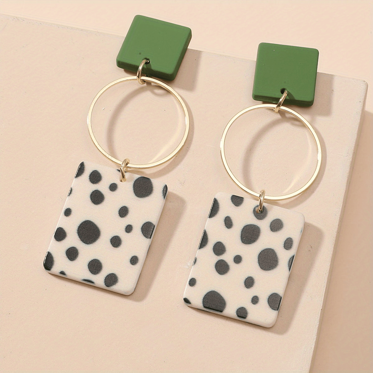 A Pair Of Round Hollow Metal Circle Spotted Rectangular Acrylic Pendant Earrings For Women's Everyday Wear