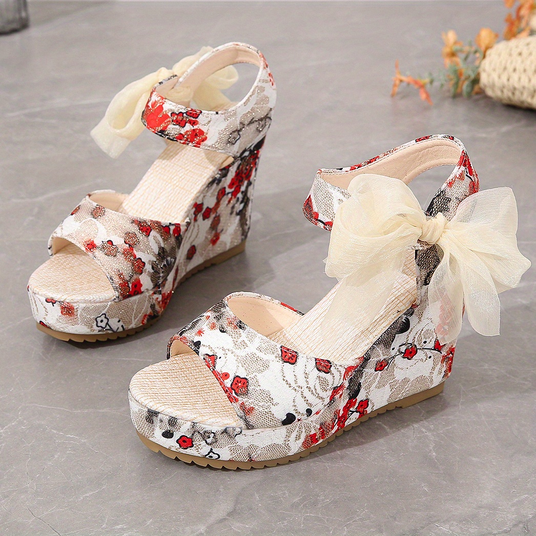 Wholesale Women Fashion Casual Boho PU Bowknot Peep Toe Floral Printed Wedge  Heel Sandals