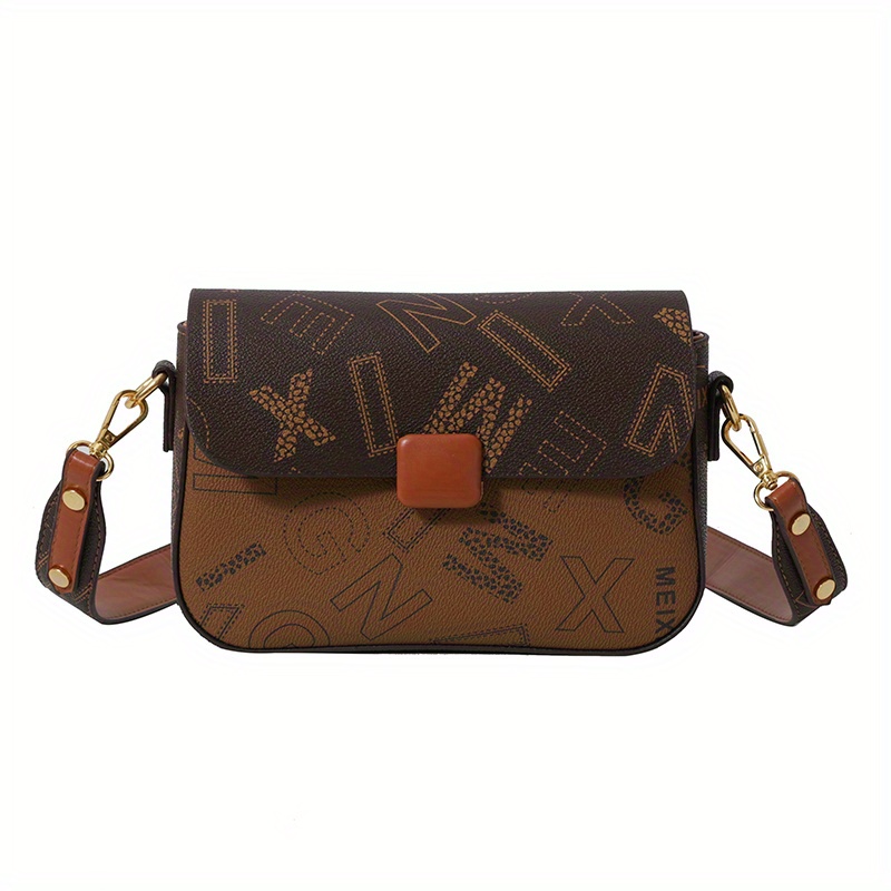 Letter Print Square Handbag, Faux Leather Flap Purse, Women's Buckle Decor  Crossbody Bag - Temu