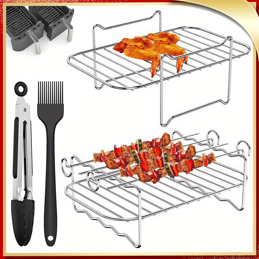 Air Fryer Rack Stainless Steel Double Basket Grill Sticks Accessories for  Ninja