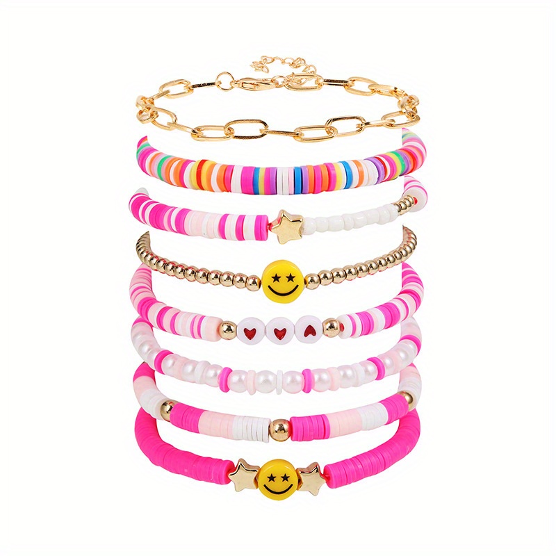 Preppy Bracelets | Smiley Face Bracelet | Rainbow Heishi Pearl Bracelet |  Trendy Star White Bead Bracelet | Disc Beads | Funky Jewelry
