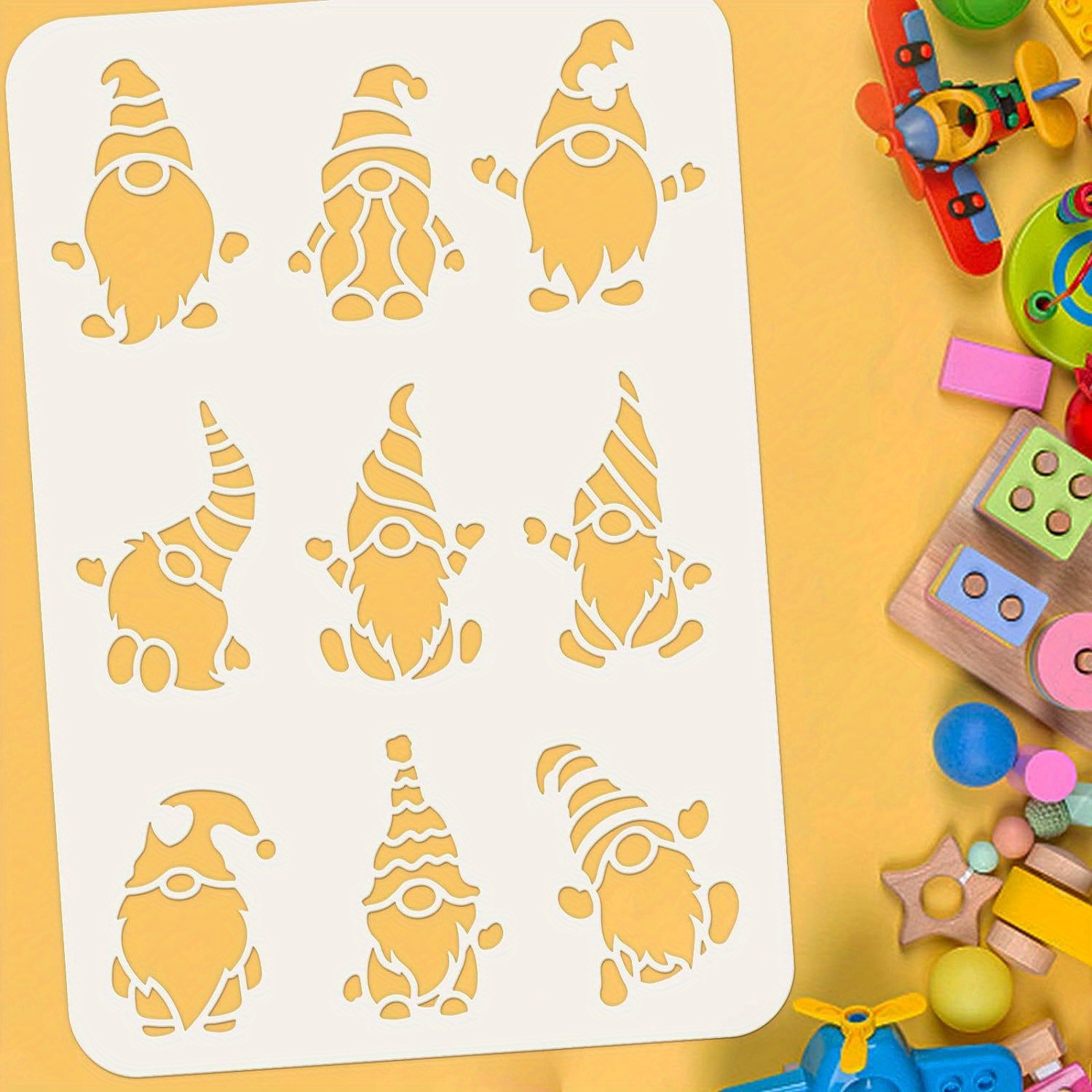 Image of 1pc Gnome Stencil 8.3x11.7inch Reusable 9 Styles Of Gnomes Pattern Painting Template Art Dwarfs Drawing Stencil For Card Making, Scrapbooking, Wood, Wall, Paper, And Furniture