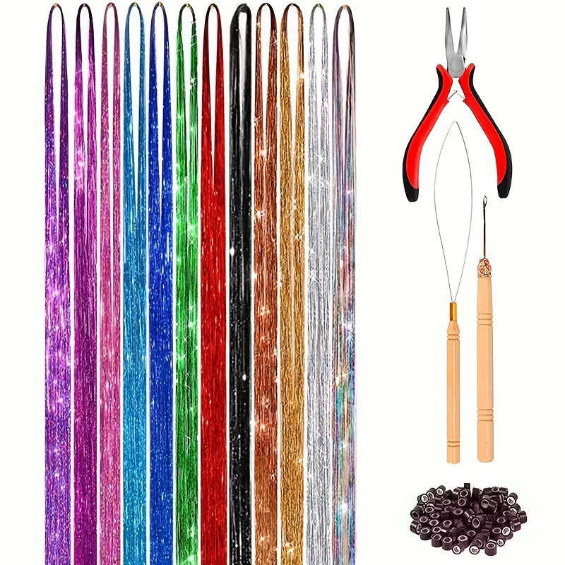 Hair Tinsel Kit with Tools and Instruction Easy to Use 12 Colors 2400  Strands 47 Inches Glitter Tinsel Hair Extensions for Women and Girls  Sparkling Shinny Fairy Hair Accessories for Christmas New