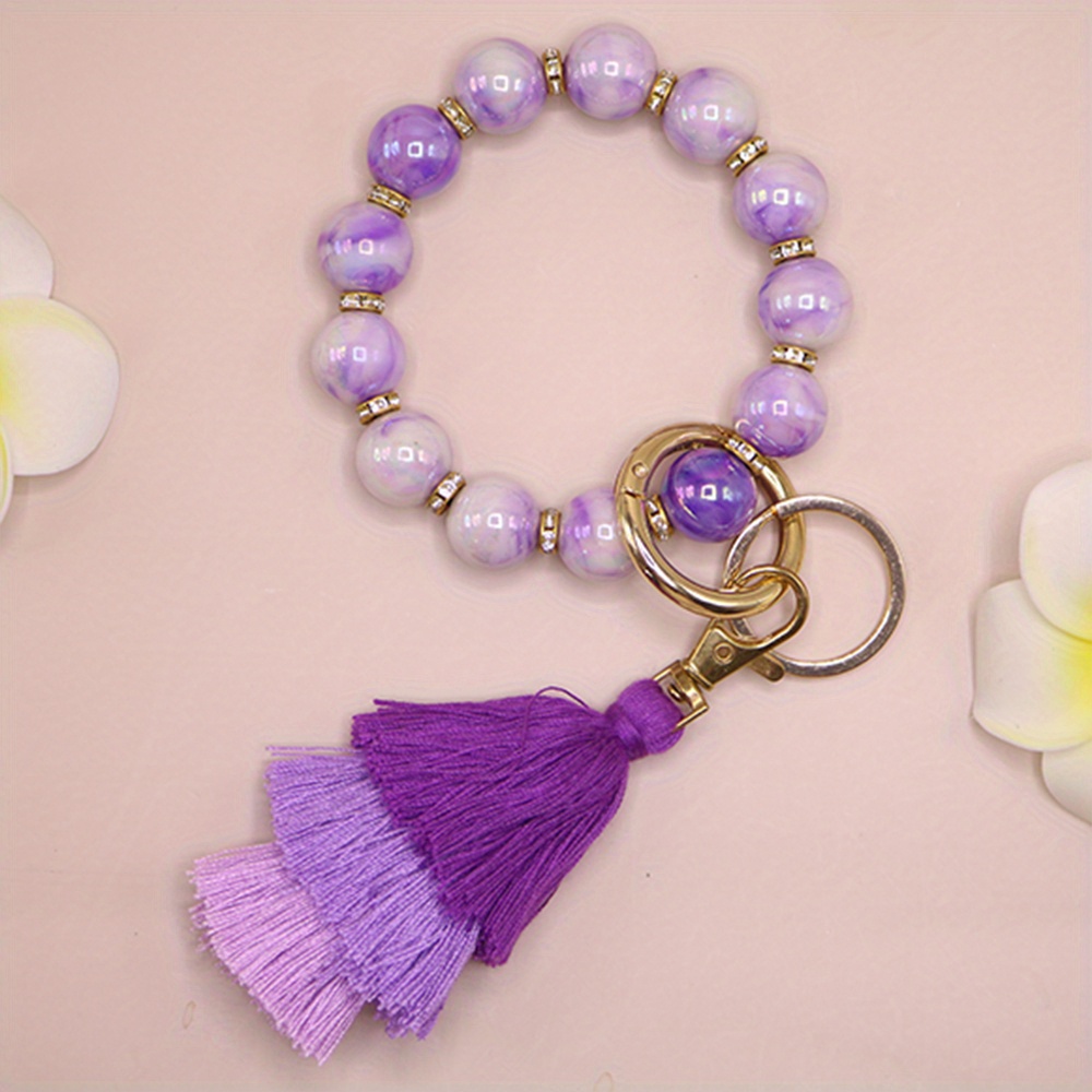 Acrylic Beads Wristlet Keychain With Woolen Tassel Bag - Temu