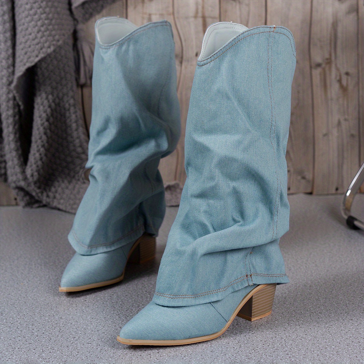 MID COWBOY BOOTS WITH DENIM SLEEVE - BLUE AND WHITE