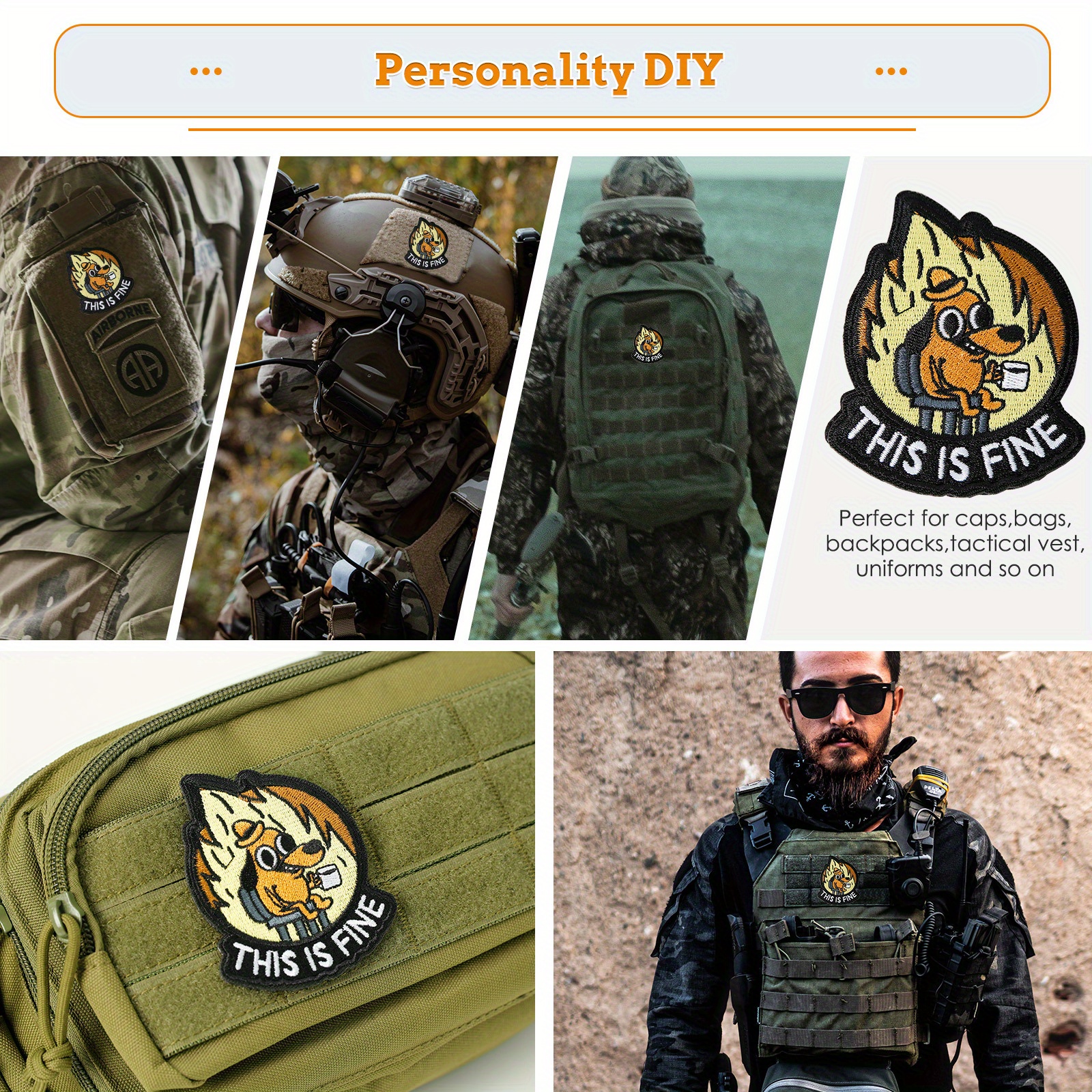 YJ PREMIUMS 9PC Funny Patches, Hook and Loop Tactical Morale Patch for  Backpack Vest | Cool Cute Small Embroidered Patche pacthes ****This is Fine  Dog