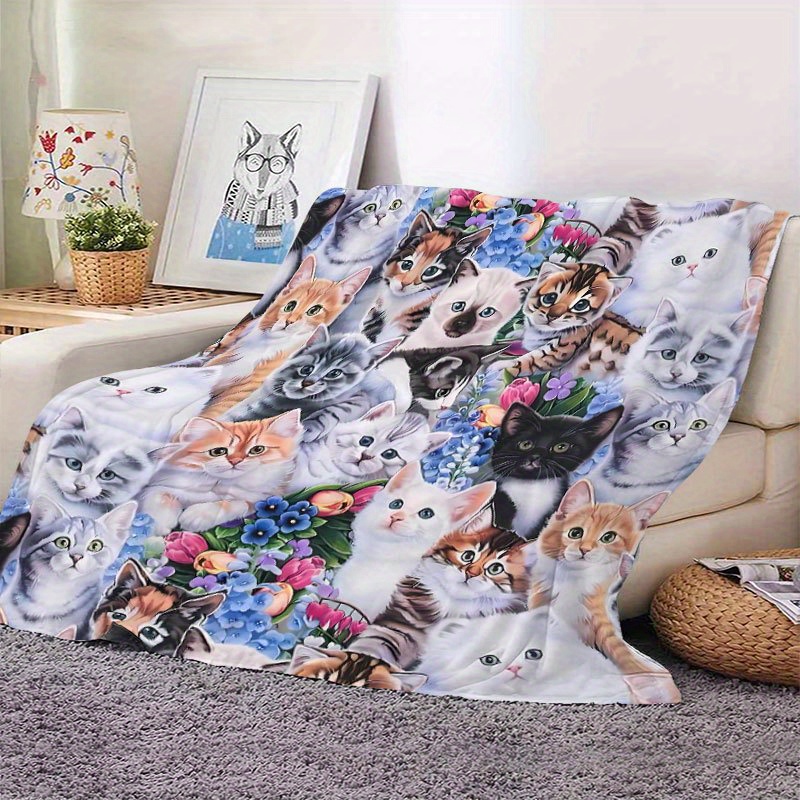 Cute Cat Printed Flannel Blanket Cozy Soft Throw Blanket - Temu