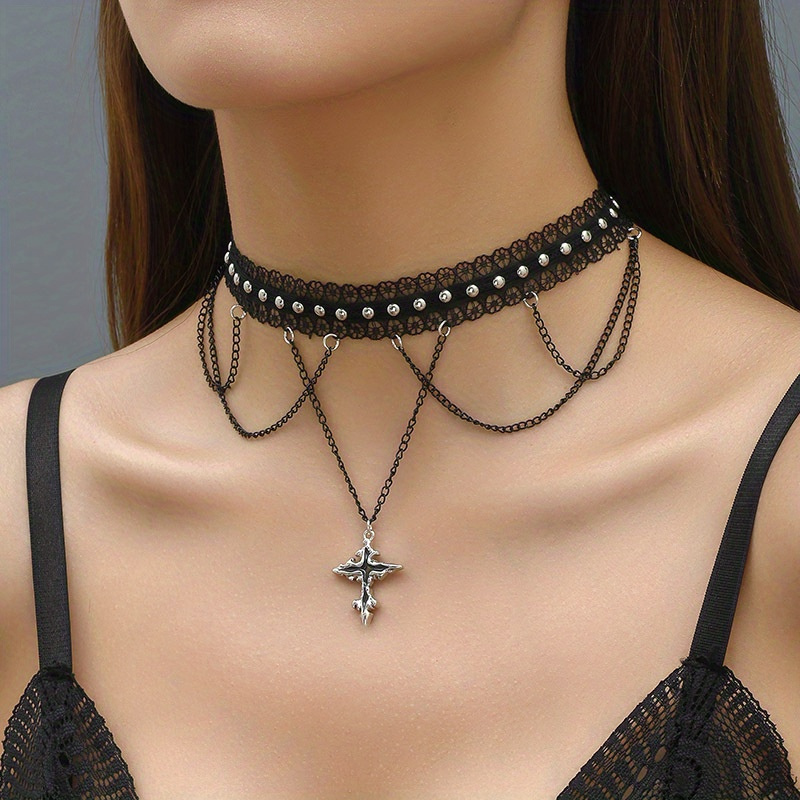 Lace Choker Necklace With Beads Chain Pendants Gothic Jewelry For Woman Girl  - Black 