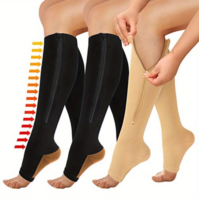 2 Pairs Zipper Compression Socks New Compression Zip Sox Socks Stretchy Leg  Support Unisex Open Toe Knee Stockings 