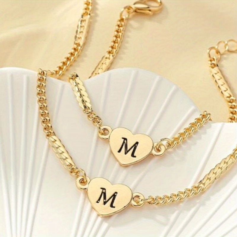 Letter and Heart Bracelet & Necklace 2 Pcs Letter M Letter 