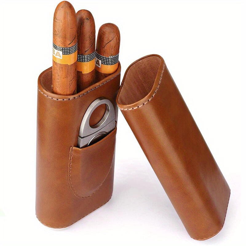 Humidor de viaje de 4 puros, juego clásico de funda de cigarros de cuero  con humidificador de puros, cortador y encendedor (marrón oscuro)