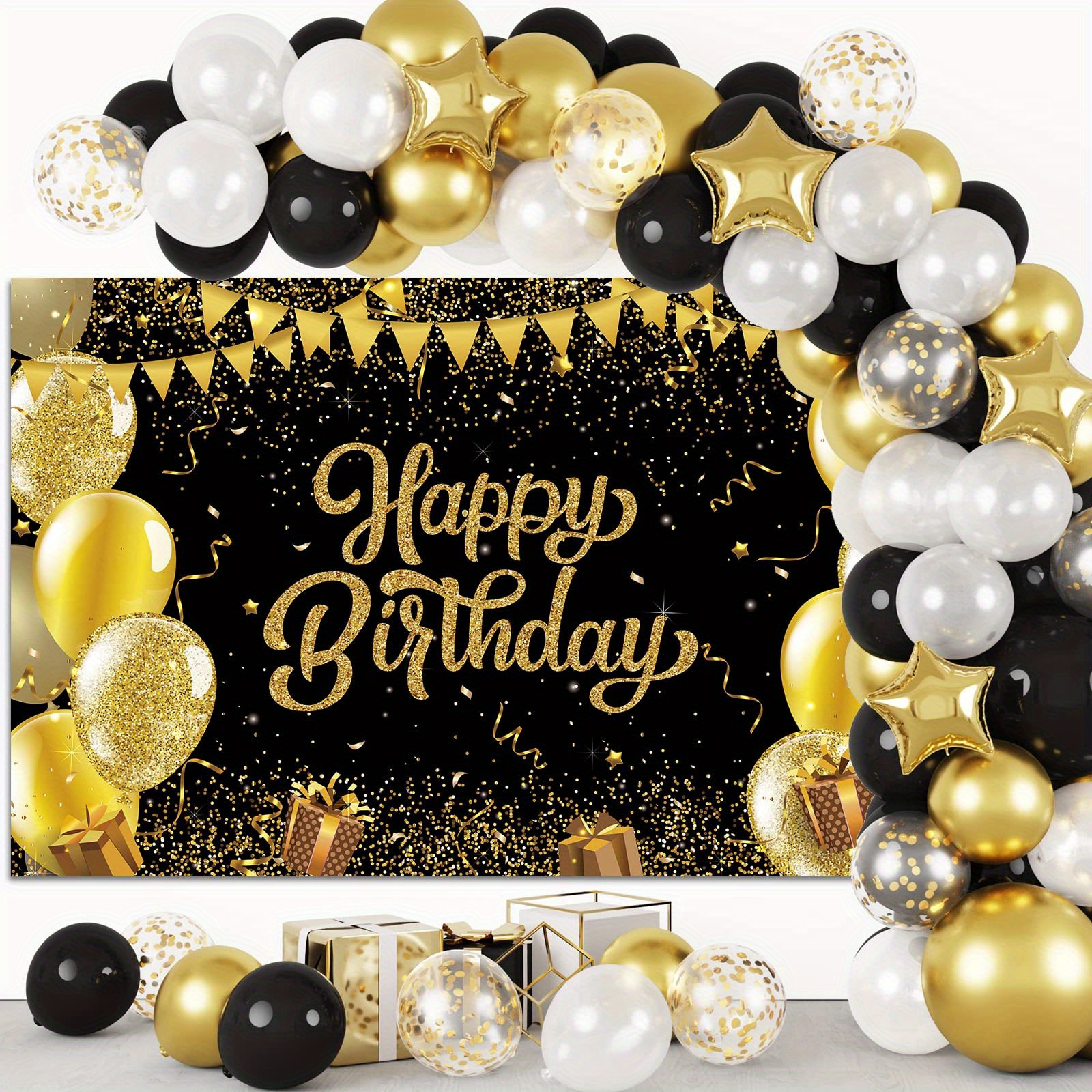 Blue Golden Happy Birthday Backdrop Balloons Photography Party Supplies  Decor