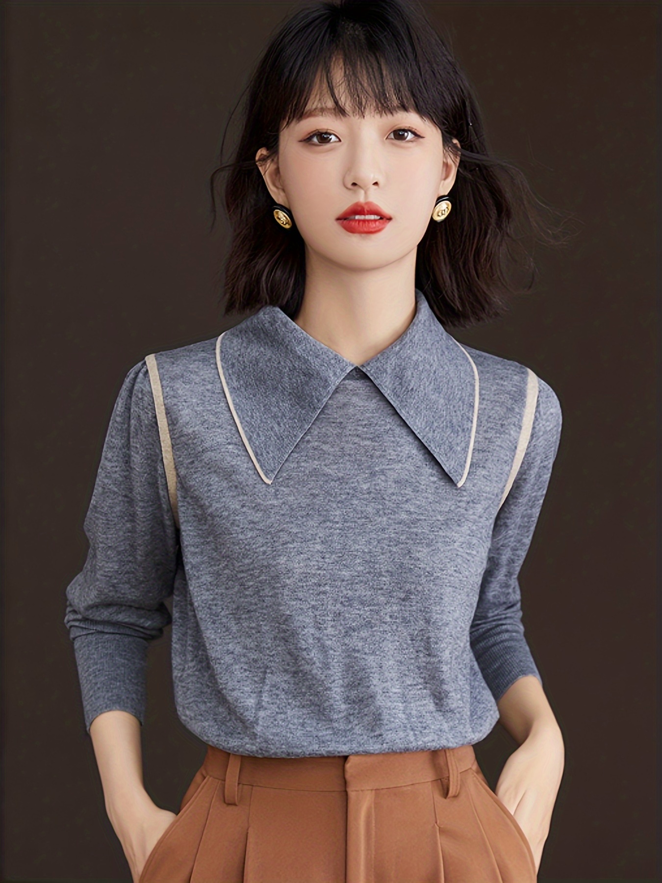 Versatile Collared Knitted Top, Elegant Long Sleeve Daily Sweater For ...