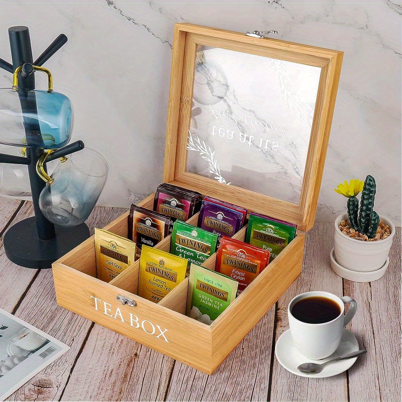 Wood Tea Bag 5-Compartment Organizer Box with Clear Lid, Tea Storage Box