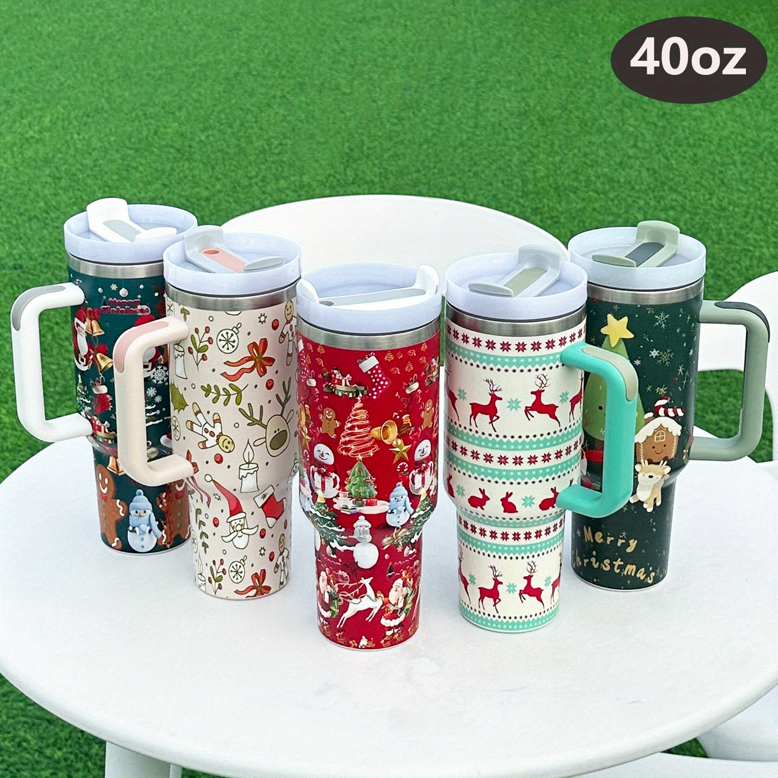 1pc, Christmas Tumbler With Lid And Straw, 40oz Stainless Steel Thermal  Water Bottle With Handle, Christmas Present, Santa Claus And Elk Pattern  Cup