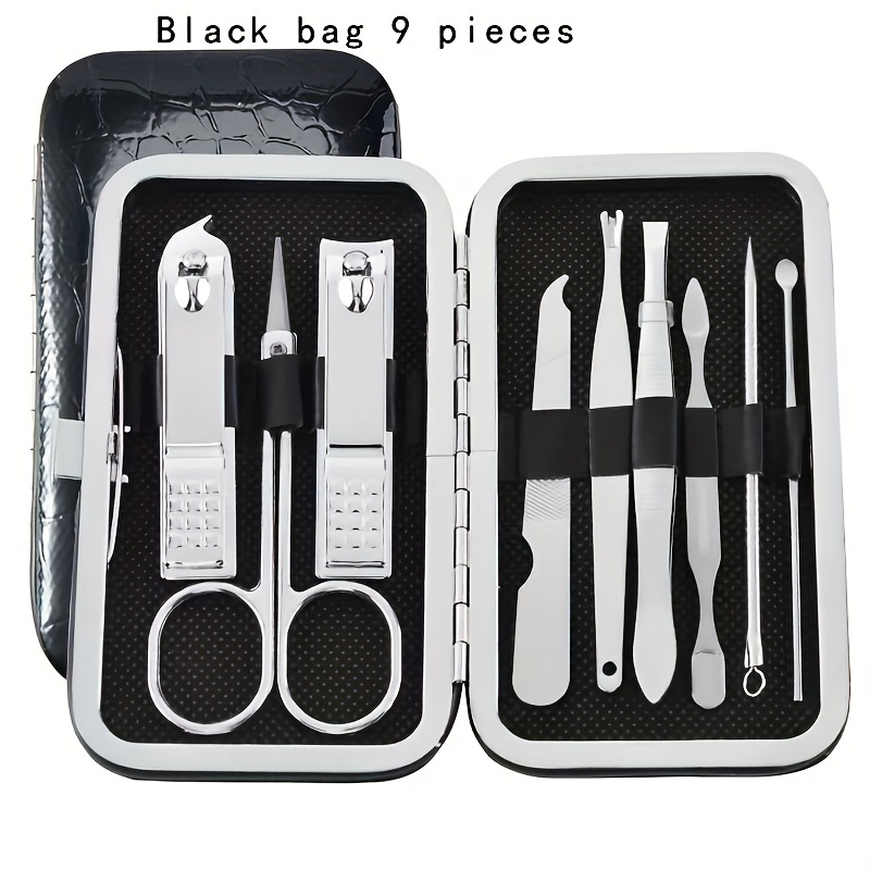 German Nail Clippers Set, Includes Nail Clippers, Nail Scissors, Ear Spoon  And Foot File, With Deluxe Leather Case (9pcs/set)