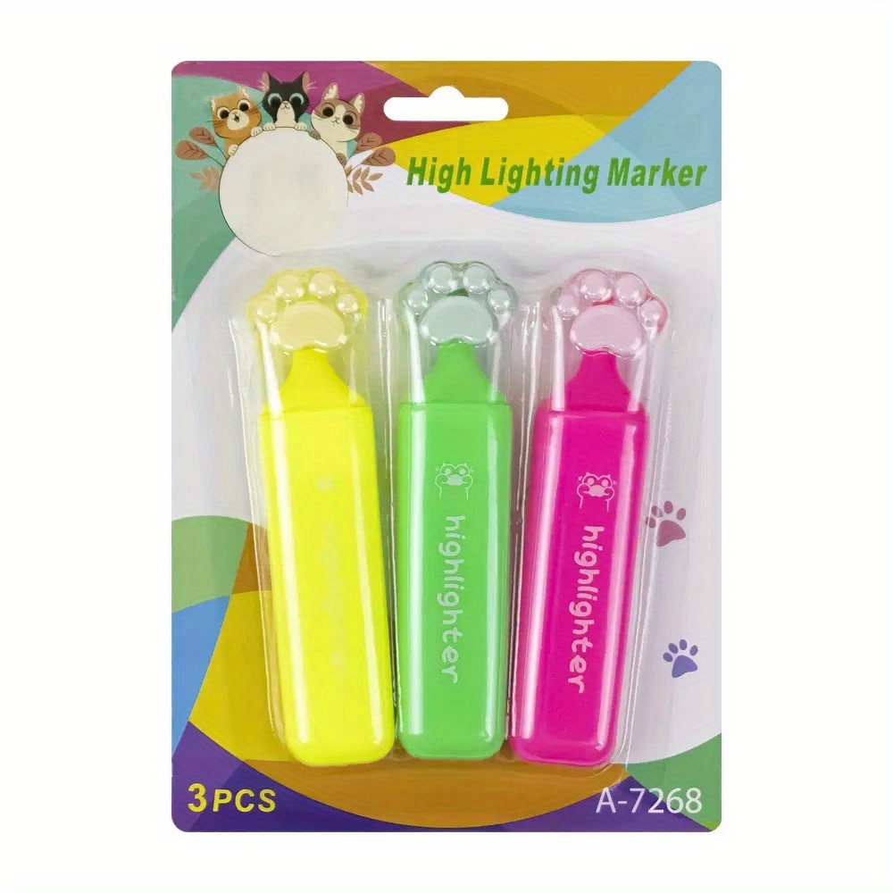 6pcs Fluorescent Marker Pens In Macaron Colors With Cat Claw