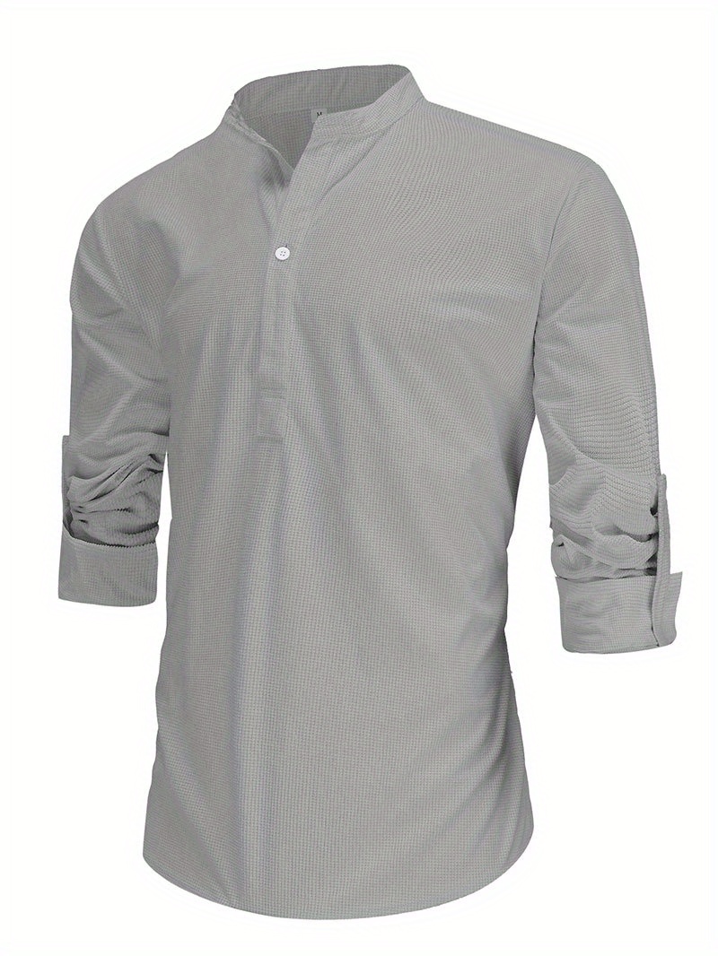 Men's Retro Casual Long Sleeve Stand Collar Shirt Half - Temu Canada