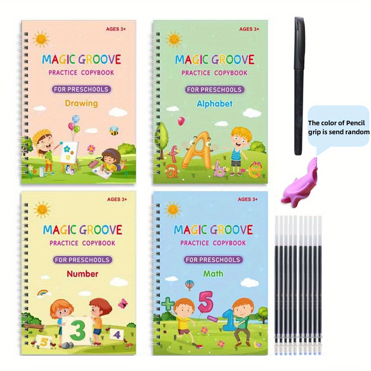 Magic Writing Book For Kids. Set Of 4 Books, 1 Pen, 10 Refills, 1 Grip  (Drawing