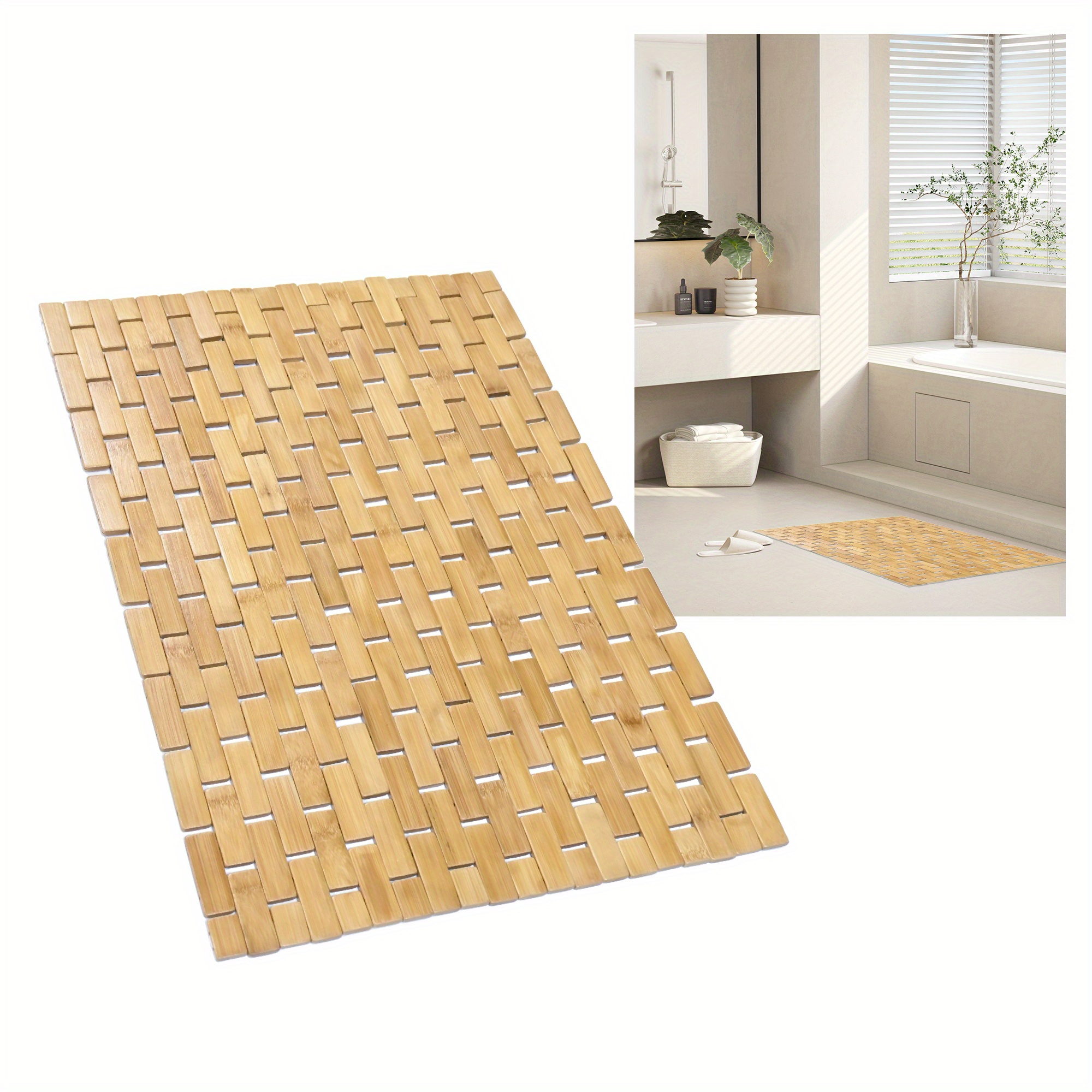 Elegant Natural Bamboo Bath Mat & Bamboo Fiber Hand Towel Set, Non-slip and  Water Resistant Shower Rug Eco-friendly for Bathroom and Kitchen 