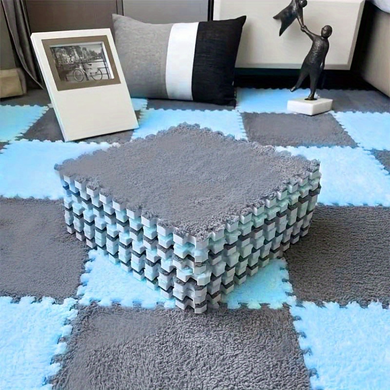 12-Piece Thickened Plush Interlocking Floor Mat 0.6 Thick- Fluffy Square  Tiles with 12 Edgings Soft Anti-Slip Puzzle Area Rug Playmat for Room