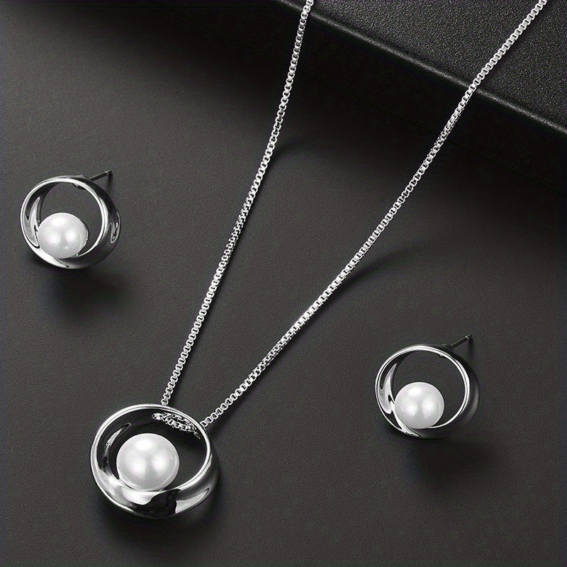 TEMU Juego de Collar y Pendientes Redondos Geométricos para Mujer, Joyería con Colgante de Perla Artificial, Accesorios de Perlas Falsas Elegantes