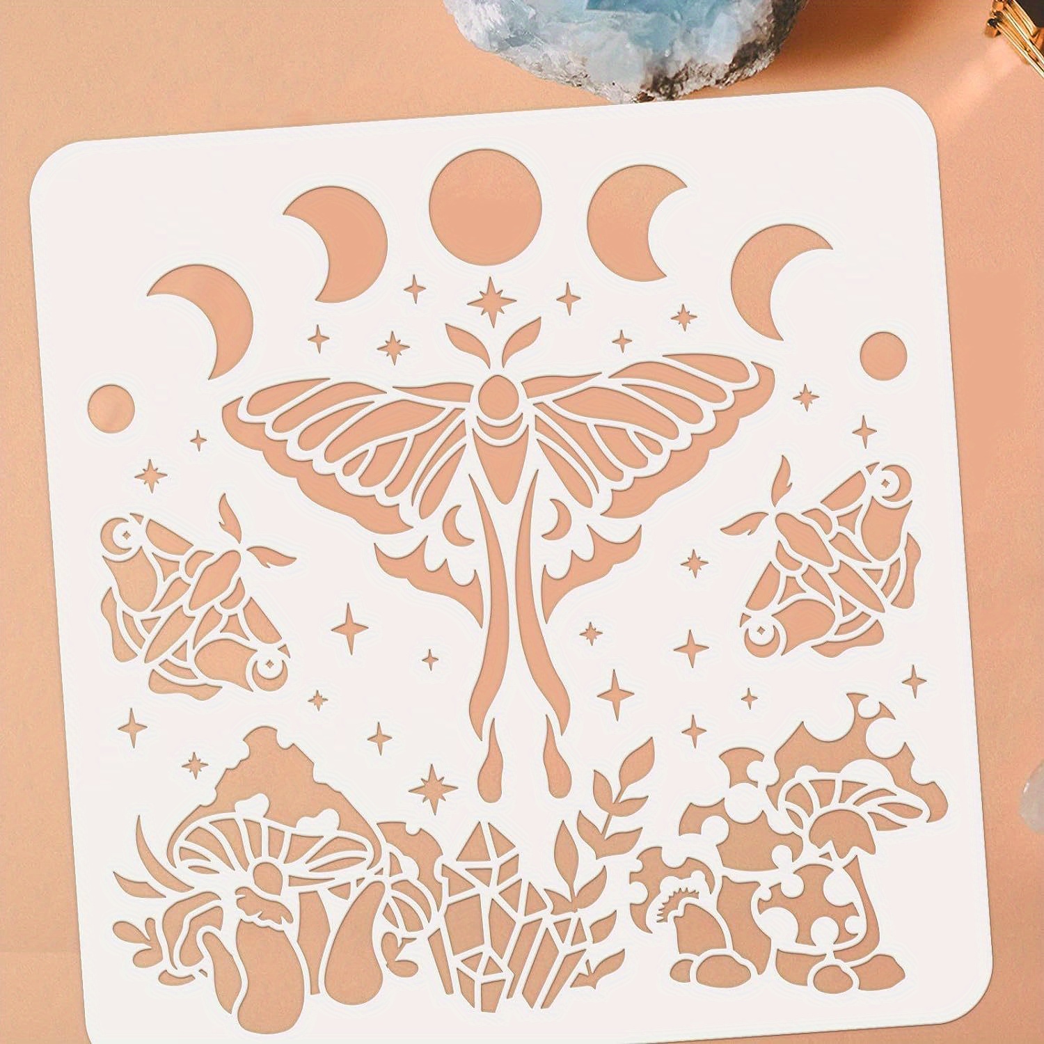 TEMU 1pc Moon Phase Stencil 11.8x11.8 Inch Painting Stencil Mushroom Stencil Plant Drawing Template Large Stencil Plastic Pet Stencil For Wall Floor