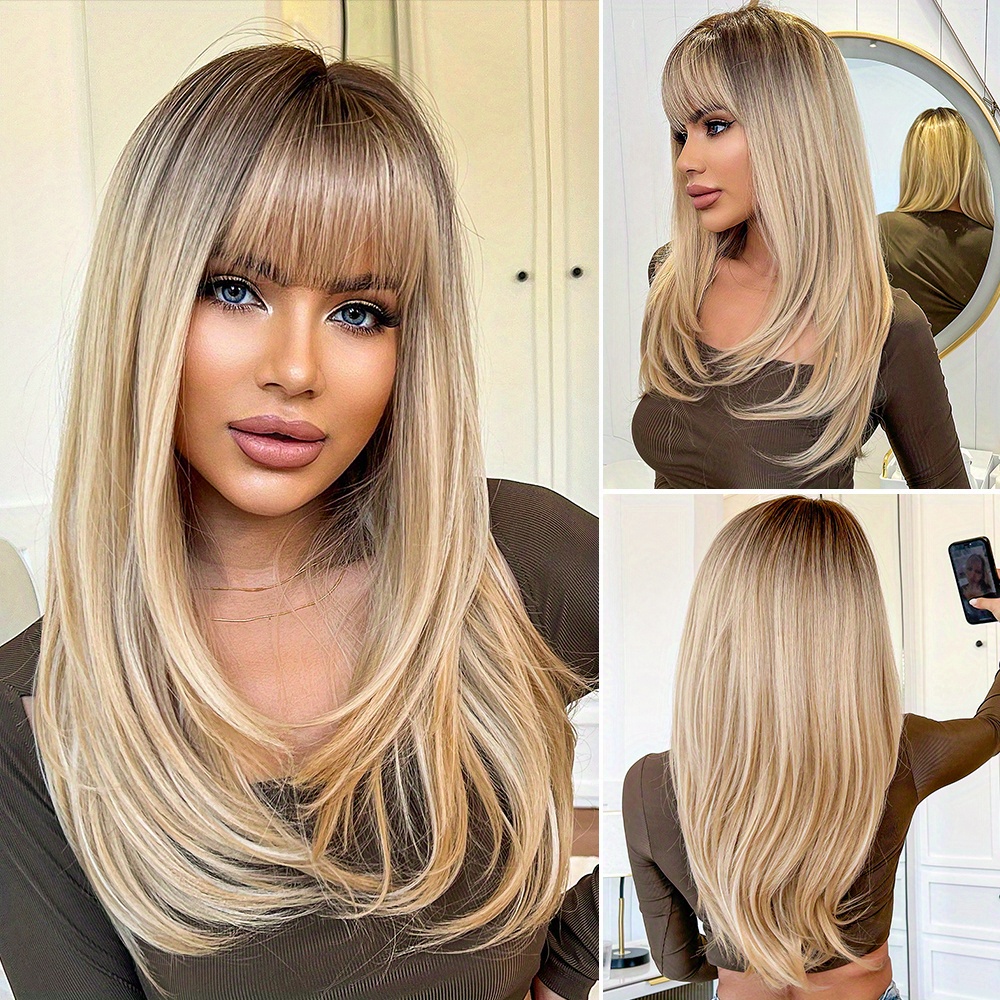 Women's Long Straight Hair Wig With Bangs, Gradient Brown Synthetic Fiber, Matte High-temperature Fiber, Breathable Cap, 130% Density, , Hairpiece|sleek Straight Wig|breathable , Wig Accessories