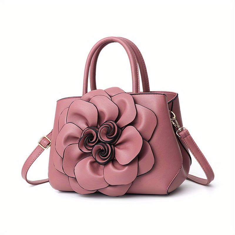 Elegant Floral Pattern Handbag, Women's Fashion Faux Leather Shoulder Bag, Trendy Double Handle Purse,Hand Bags,Temu