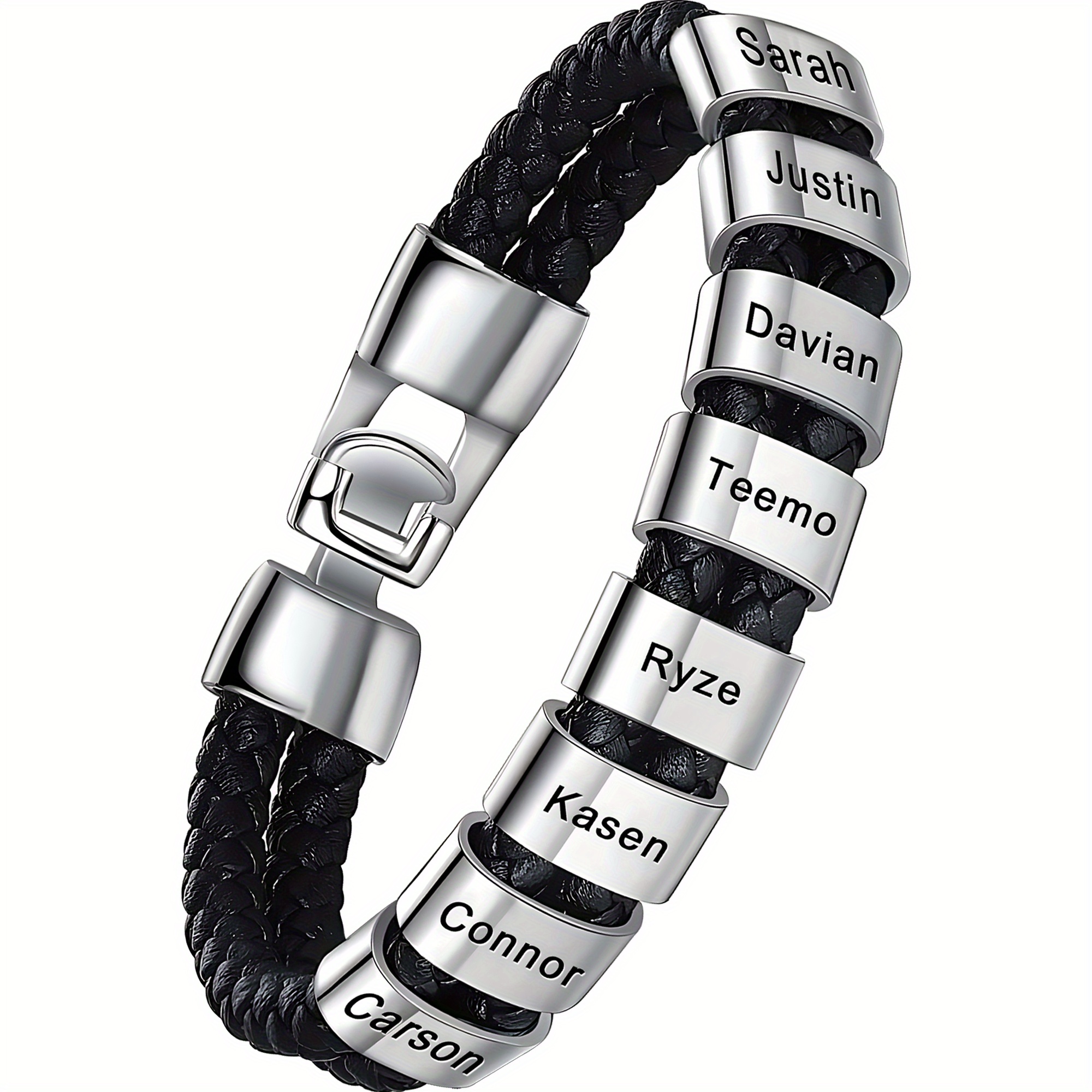 Personalized Mens Leather Bracelet Custom Beads Braid Name 