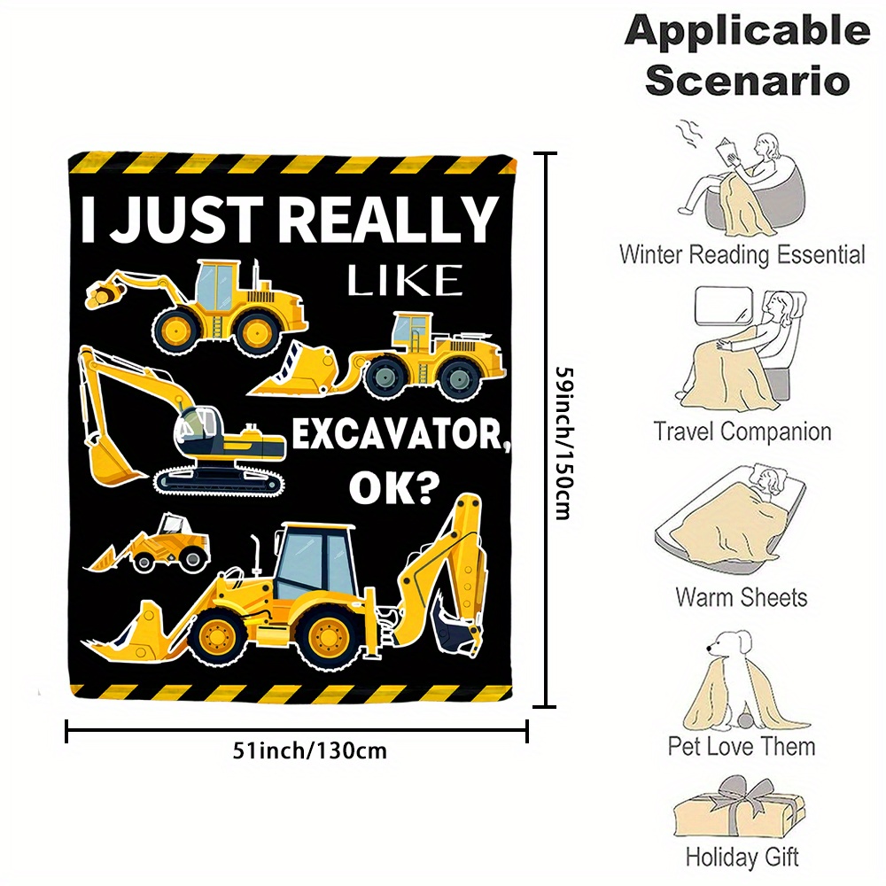 TEMU 1pc Excavator Print Blanket, Flannel Blanket For Boys, Soft Warm Throw Blanket Nap Blanket For Couch Sofa Office Bed Camping Travel, Gift Blanket For All Season