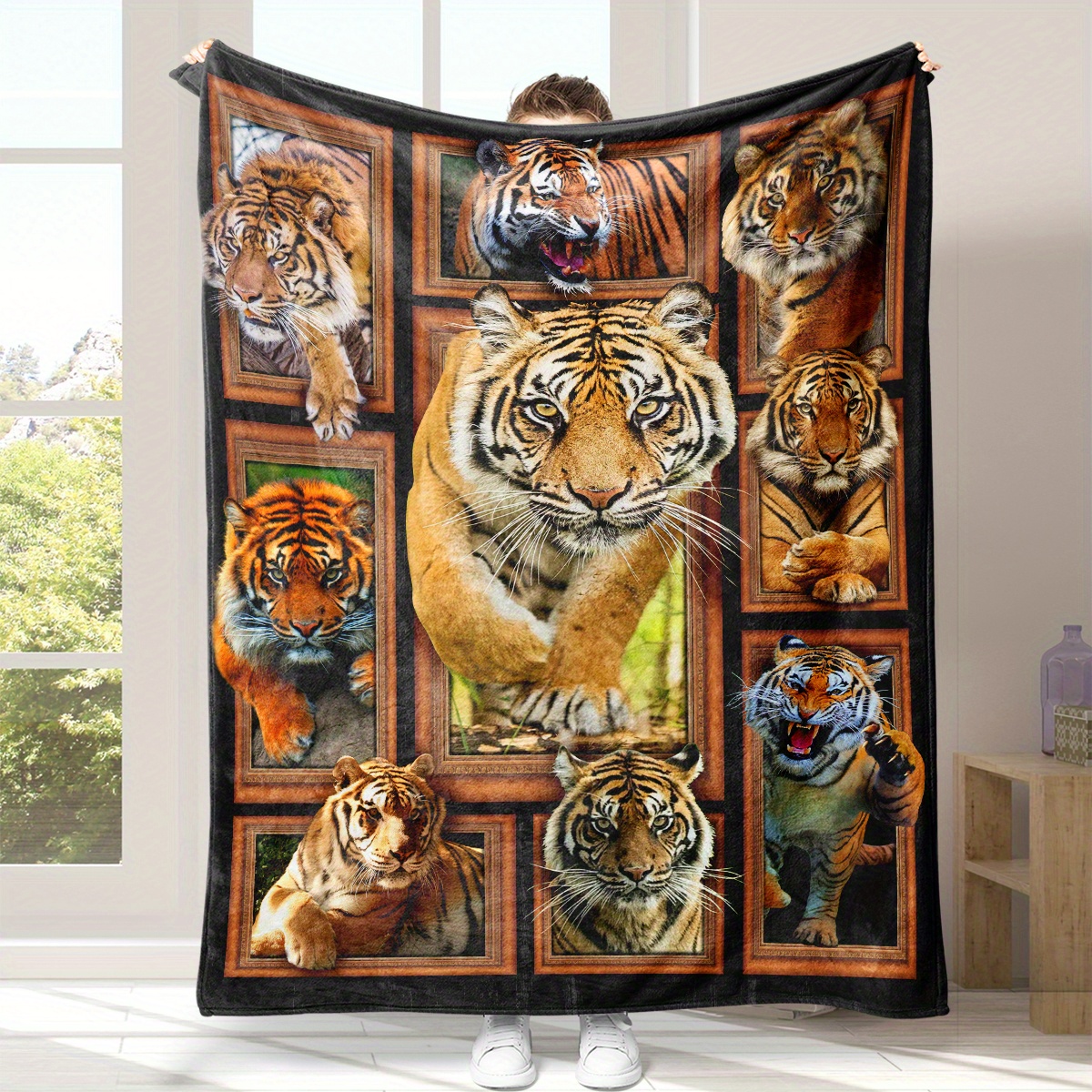 1pc 3D Tiger Print Flannel Blanket Soft Warm Throw Blanket Nap Blanket For Couch Sofa Office Bed Camping Travel Multi purpose Gift Blanket For All S