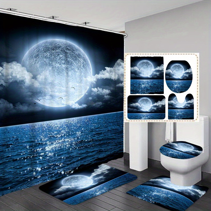 4/3/1 Pcs Bathroom Decor Full Moon Night of Wolf Cool Bathroom Set  Waterproof Shower Curtain Non-Slip Toilet Mat Rugs Set