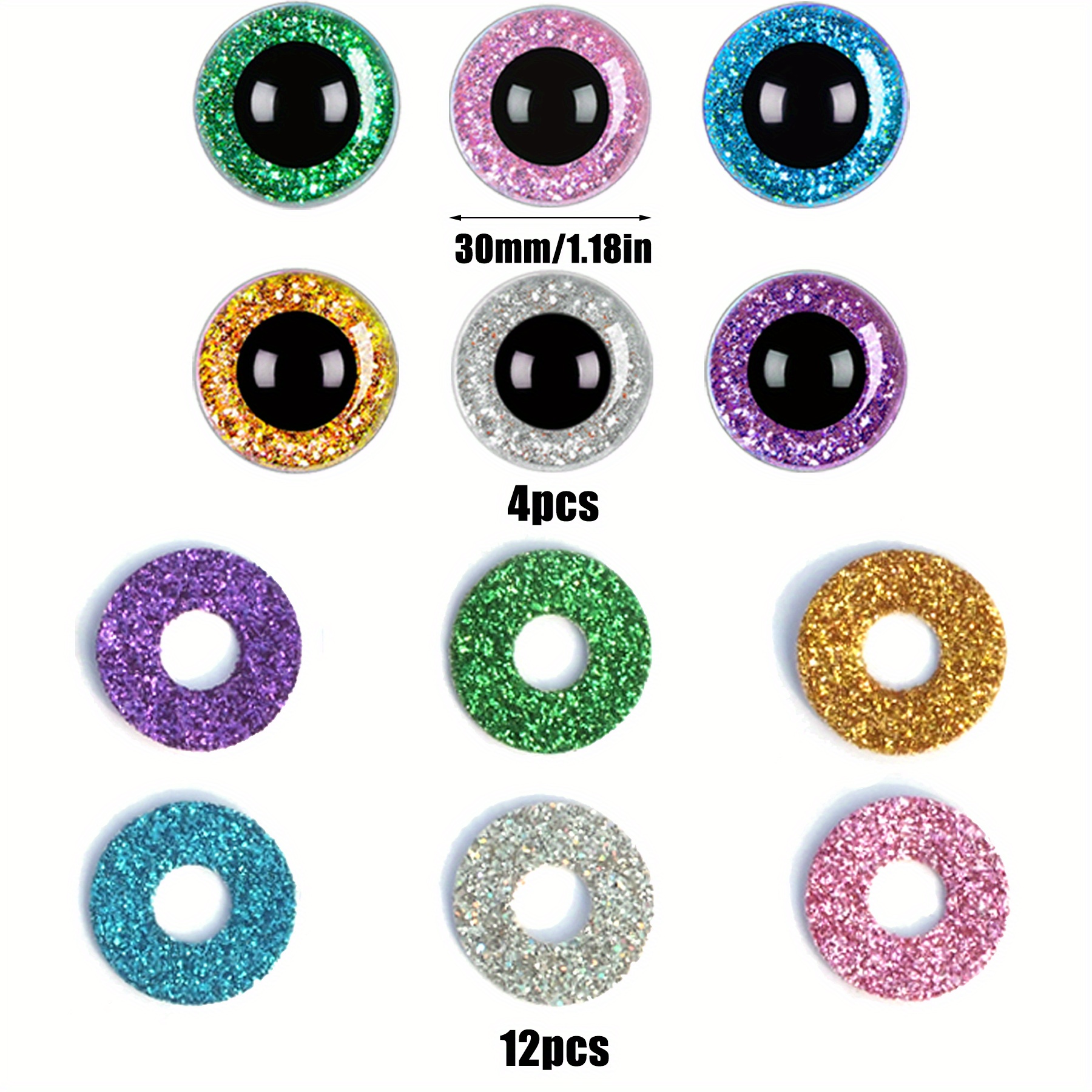 Generisch 70 Pieces Safety Eyes Set 60 Pieces Safety Eyes Glitter 16-30 mm  and 10 Plush Toy Eyes Doll Eyes with Washers