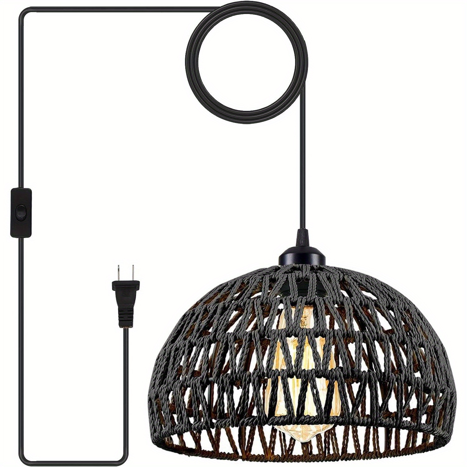 Lámpara colgante enchufable con cable de enchufe, lámpara colgante de ratán  regulable, pantalla de cesta tejida de mimbre, lámpara de techo industrial