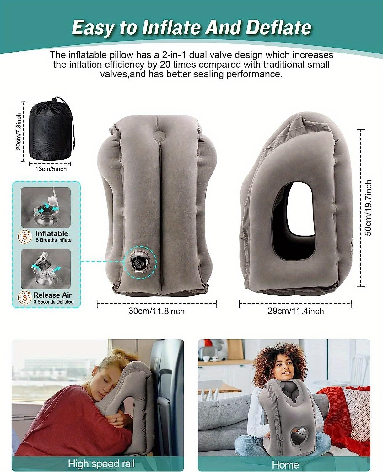 Inflatable Travel Pillow, Airplane Neck Pillow Comfortably Supports Head  And Chin For Airplanes, Trains, Cars And Office Napping With Drawstring Bag  - Temu