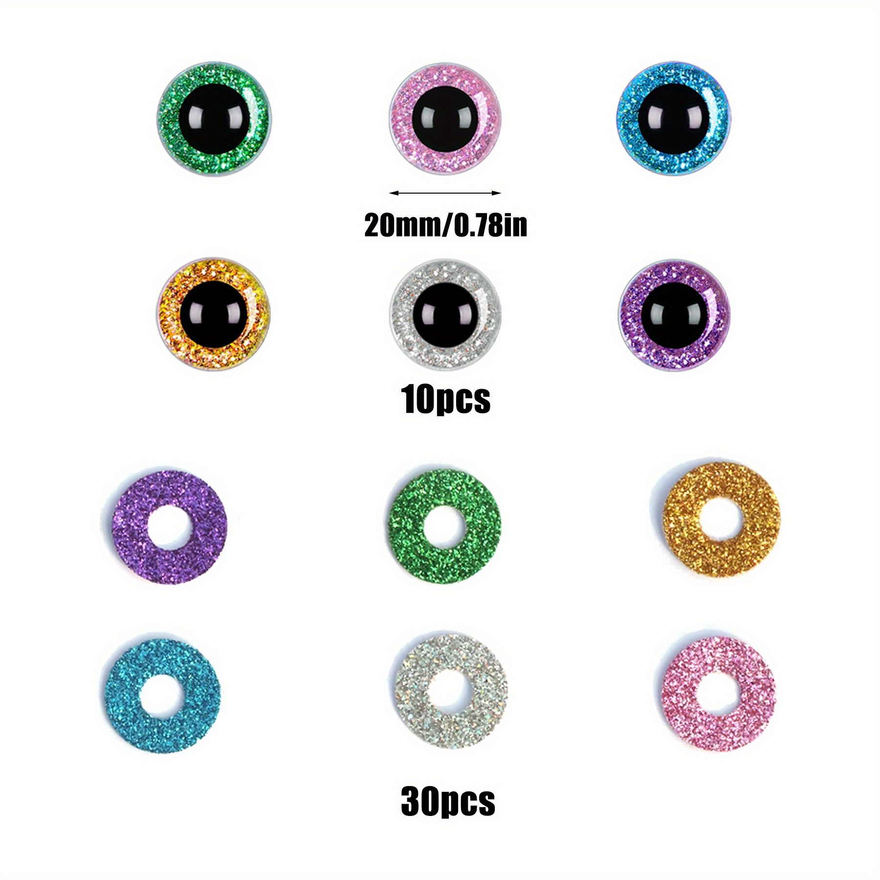 Tebru Safety Eyes with Colorful Glitter Washer Accessories for Puppet Toy  Stuffed Animals Dolls,Plush Toy Eyes,DIY Craft Supplies 