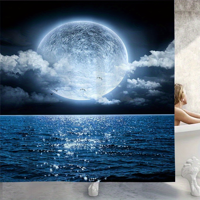 Ocean Moon Bathroom Set Waterproof Shower Curtain 12 Hooks - Temu