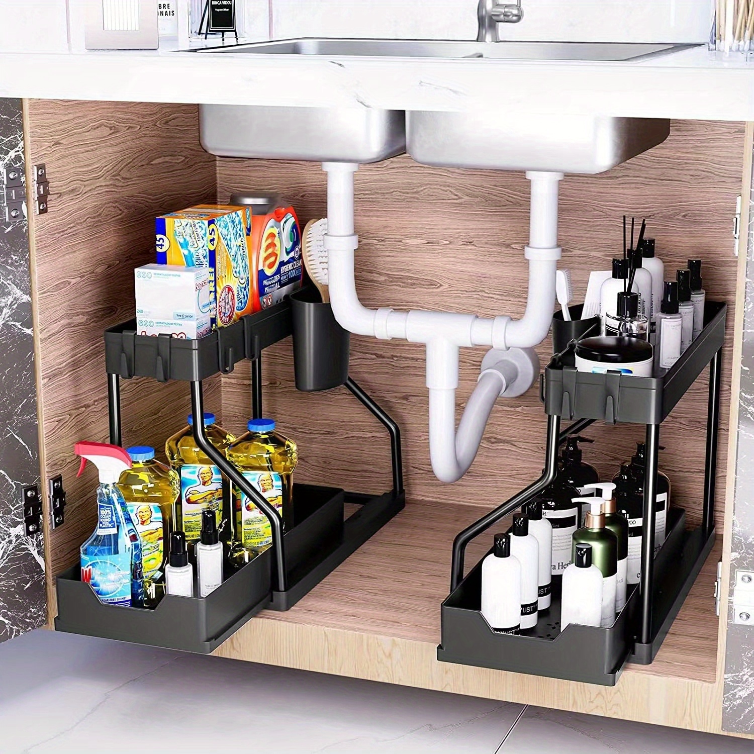 Kitchen Organizer Shelf Pull-out Double Layers Under Sink Storage Counter Spice  Rack Holder Removable Kitchen Accessories