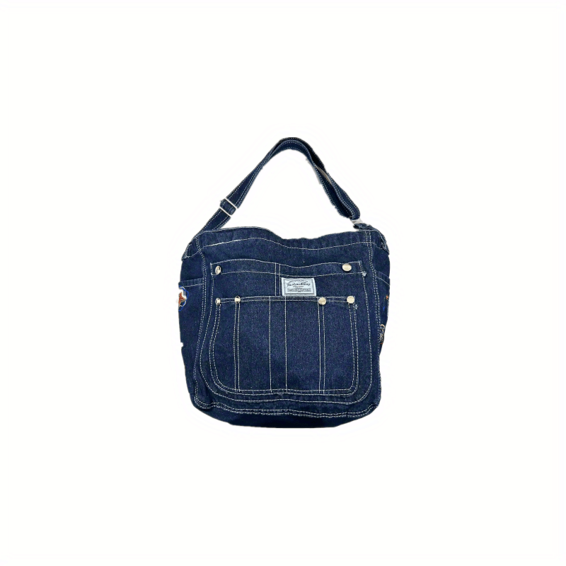 Denim Tote Crossbody Bag, Minimalist Jeans Shoulder Bag, Wide Strap Casual Bag, Large Capacity Shopping Work School Travel Bag