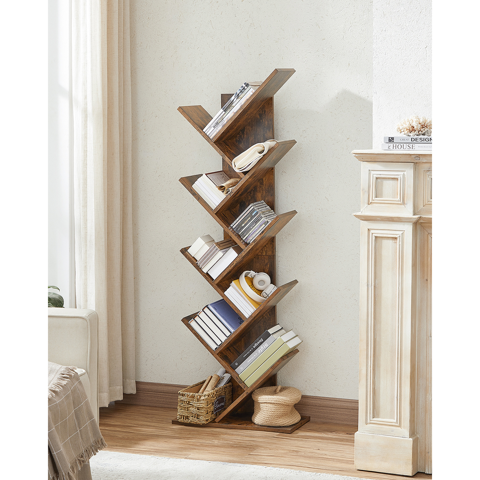 E-shop Baum Buchregal, 9 Etagen Bodenstehendes Buchregal, Platzsparende Eckregal, Mit Holzregalen Für Schlafzimmer, Wohnzimmer, Home Office,