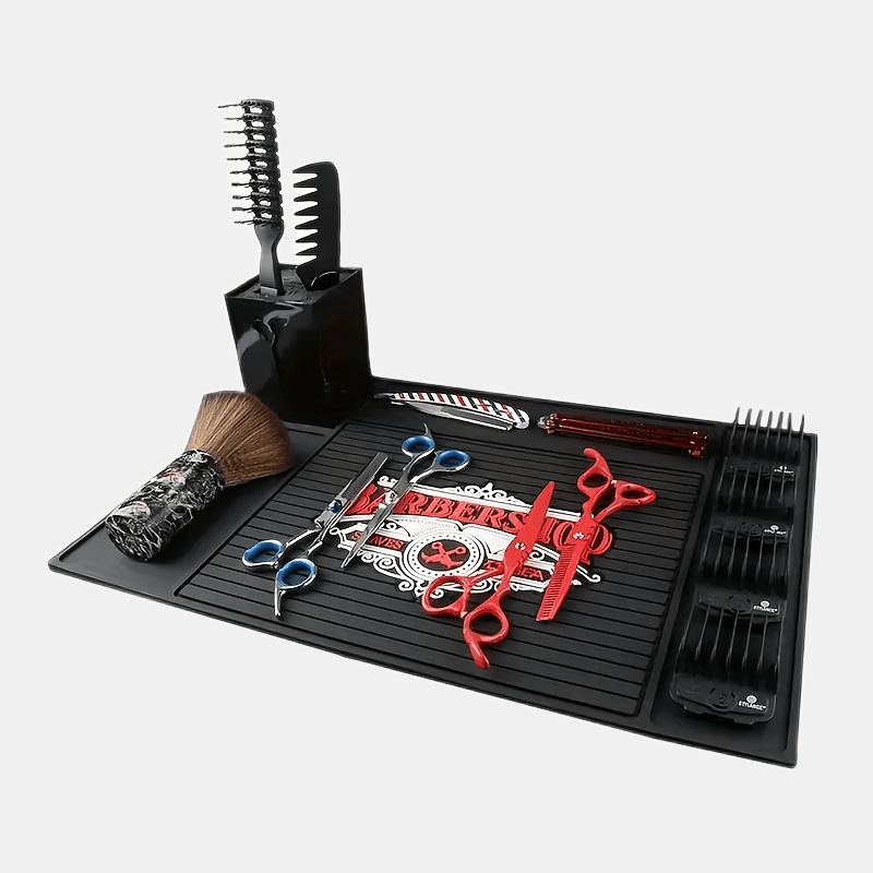 

Professional Barber Tool Mat - Non-slip Silicone Organizer Pad,, Ideal For Styling Tools & Accessories, With Compartments For Scissors, Brushes, And More, Barber Accessories